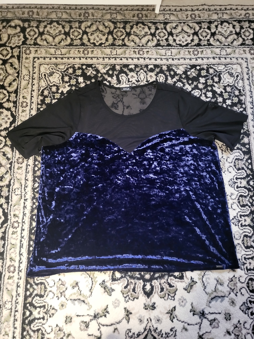 mblm Navy Velvet Short Sleeve Top with Black Mesh Yoke